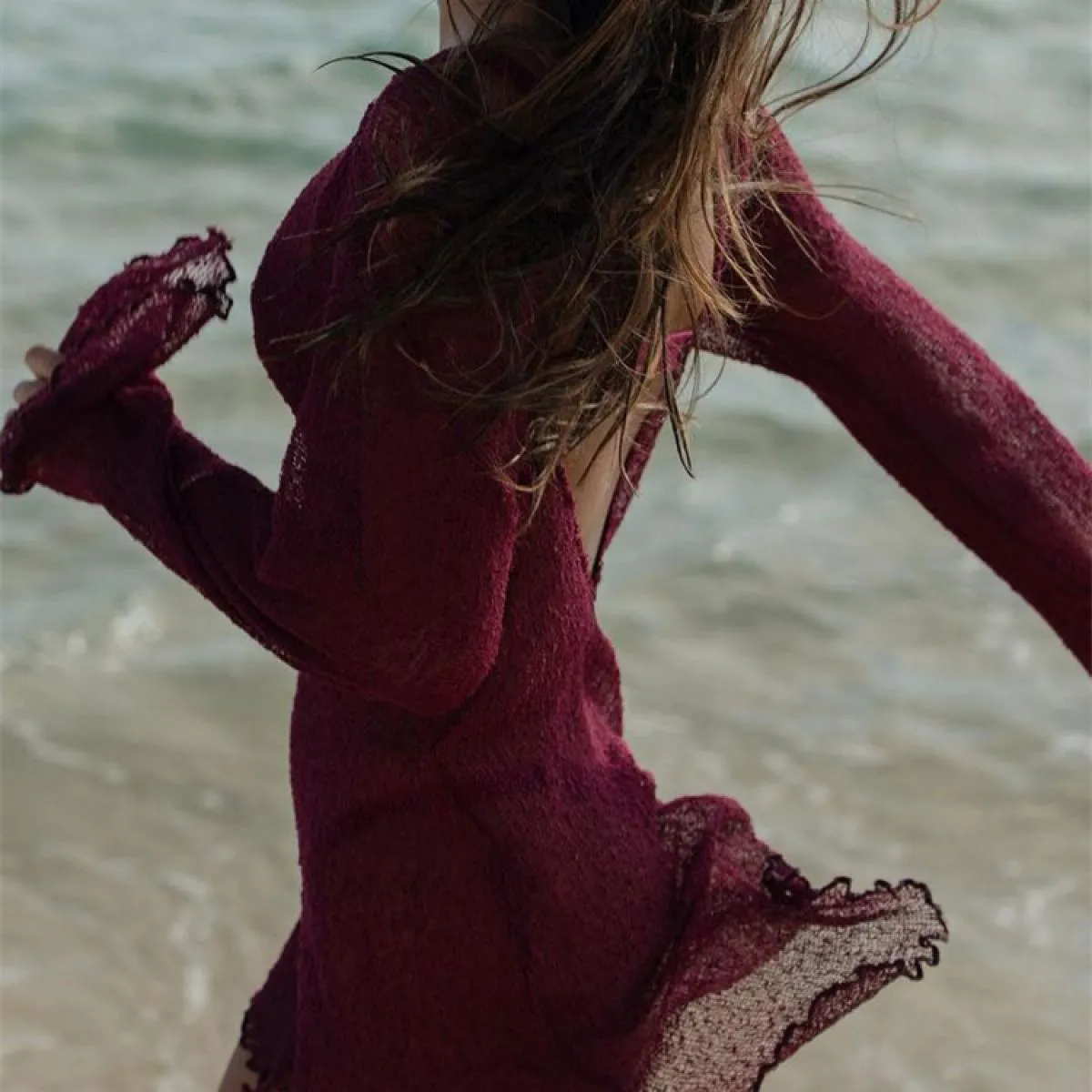 2023 Transparent Swimsuit Cover-up Mini Summer Dresses with Long Sleeves Backless Casual Beach Bikini