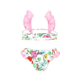 White Bandeau Bikini with Pink Ruffles for Girls